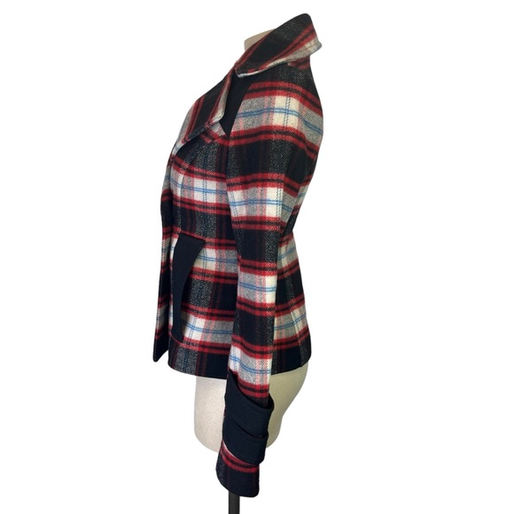 SMYTHE $800 Wool Blend Plaid Pea Coat in Red/Black Size 2 Gold Button Front - Picture 4 of 8
